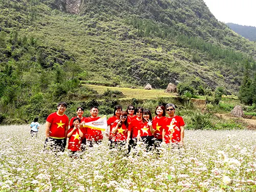 Đoàn khách Etoco chụp ảnh giữa ruộng hoa tam giác mạch trắng đầu mùa ở Lũng Cẩm, Hà Giang