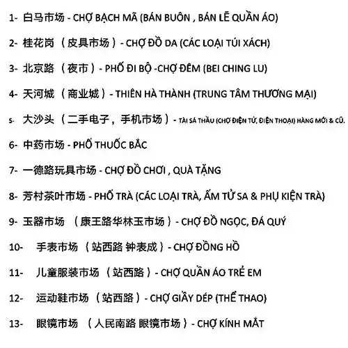 Tên 1 số chợ bán buôn tại Quảng Châu