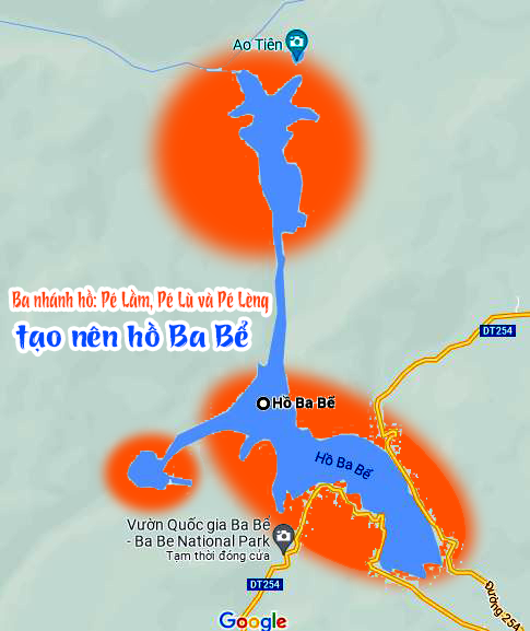 Hồ Ba bể được hợp thành từ 03 hồ thông nhau có tên là Pé Lèng, Pé Lù và Pé Lầm