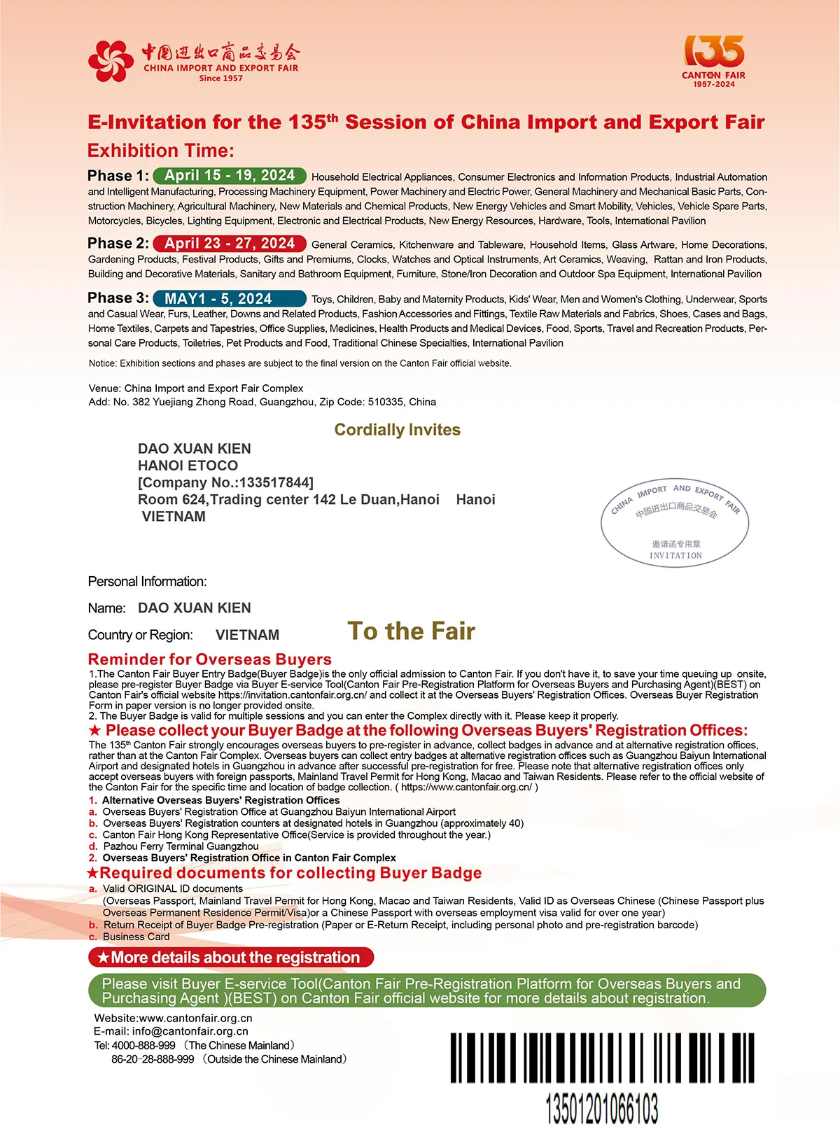 Giấy mời để visa Trung Quốc từ ban tổ chức Canton Fair%>